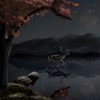 Cerf qui marche sur l'eau en automne